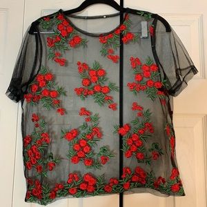 Sheer Black Mesh with Embroidery Crop Top